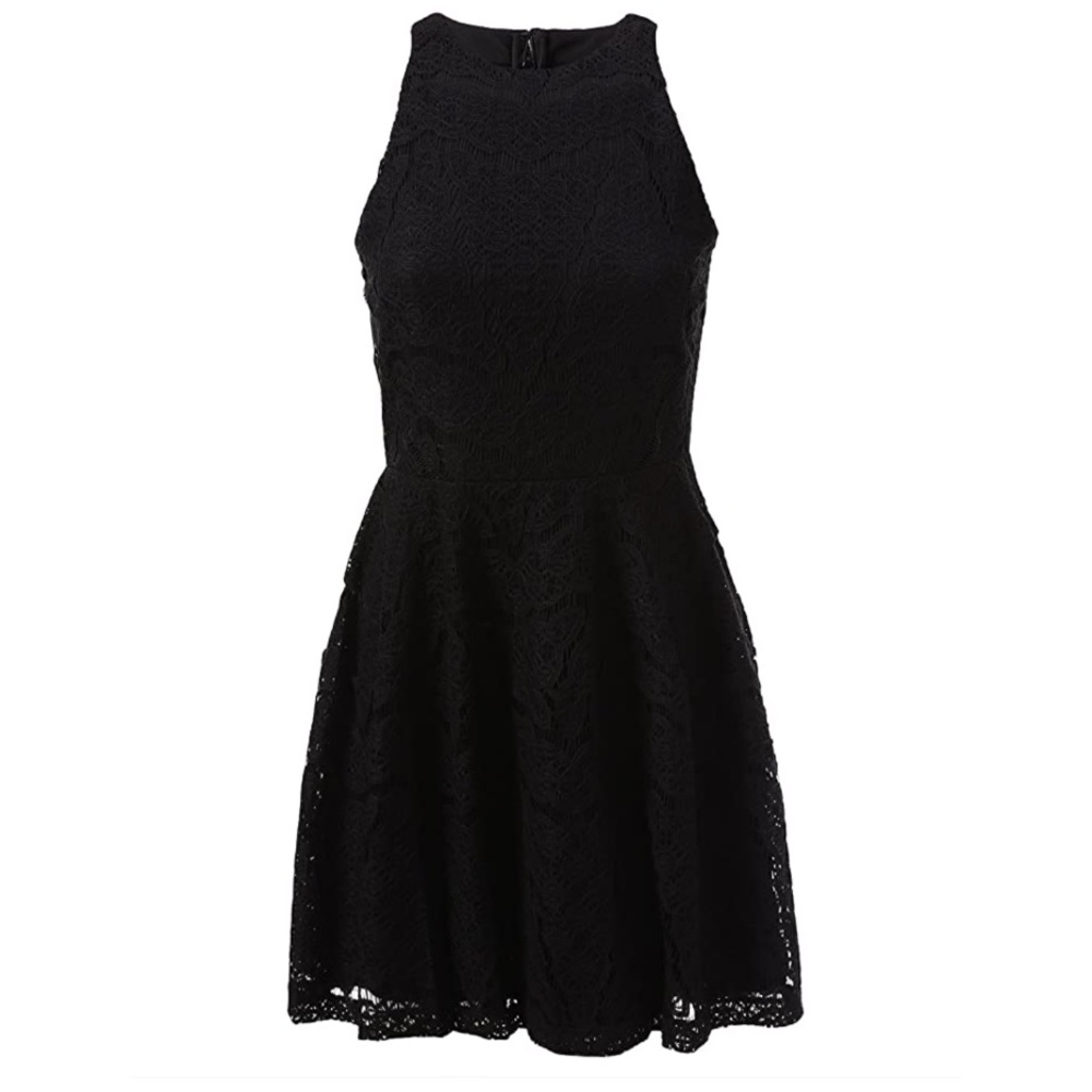 Black Lace Knee Length High Neck Dress